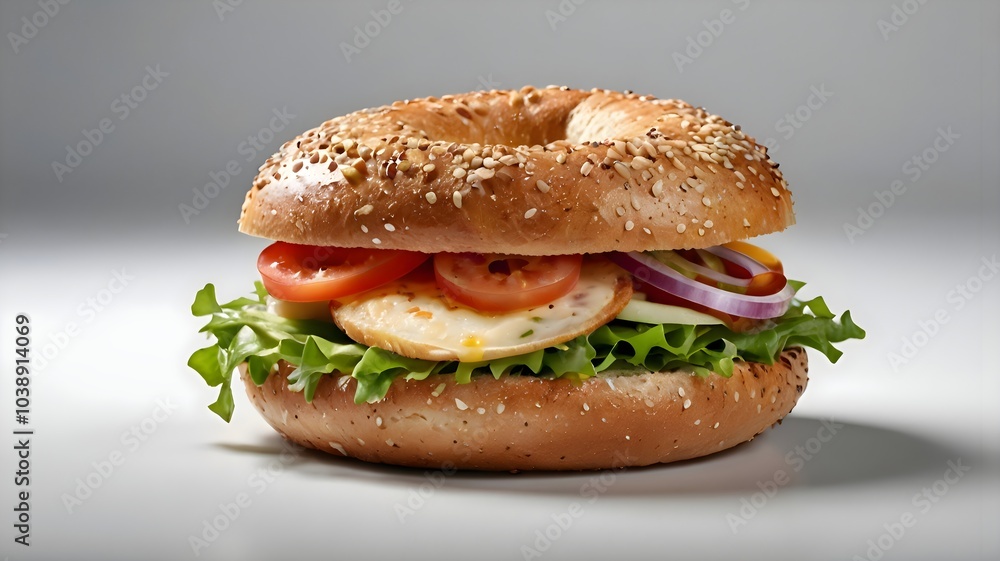 An appetizing bagel sandwich with a unique twist, elegantly isolated on a bright white surface. An appetizing bagel sandwich with a unique twist, elegantly isolated on a bright white surface.