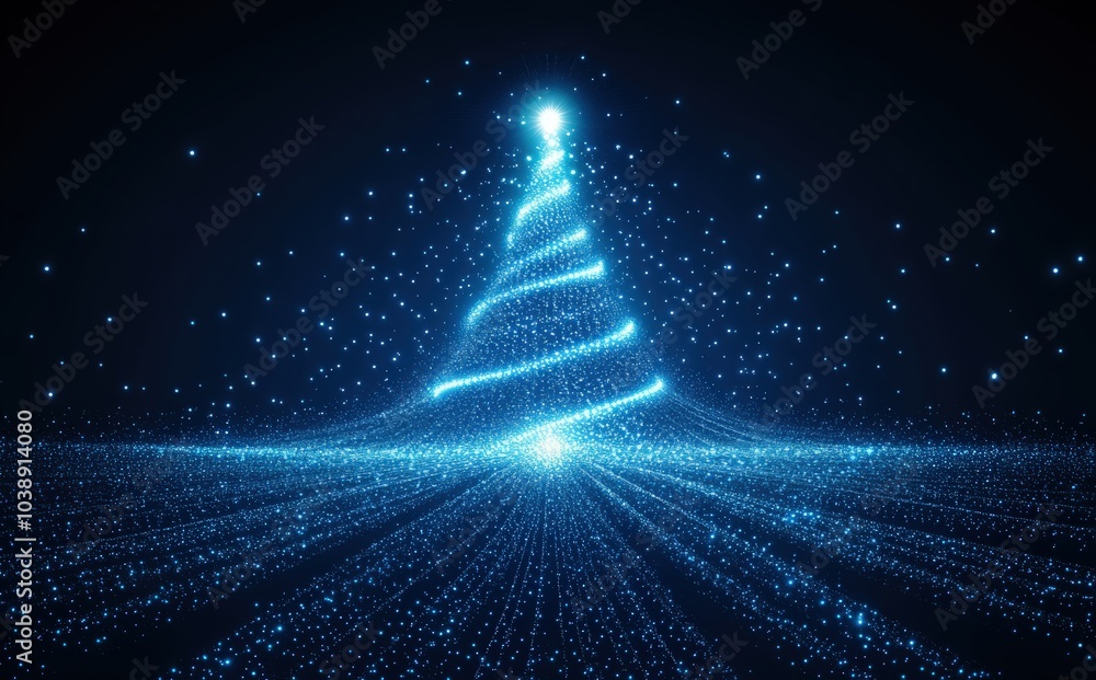 Blue-lit Christmas tree shines brightly against a dark background Blue-lit Christmas tree shines brightly against a dark background