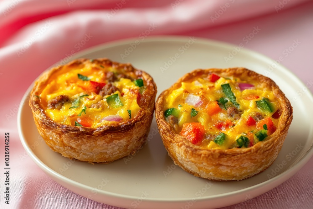 Two breakfast pastries on a cream plate atop a pink tablecloth made with whole wheat crust egg whites onion bell peppers cheddar and vegetarian sausage Two breakfast pastries on a cream plate atop a pink tablecloth made with whole wheat crust egg whites onion bell peppers cheddar and vegetarian sausage