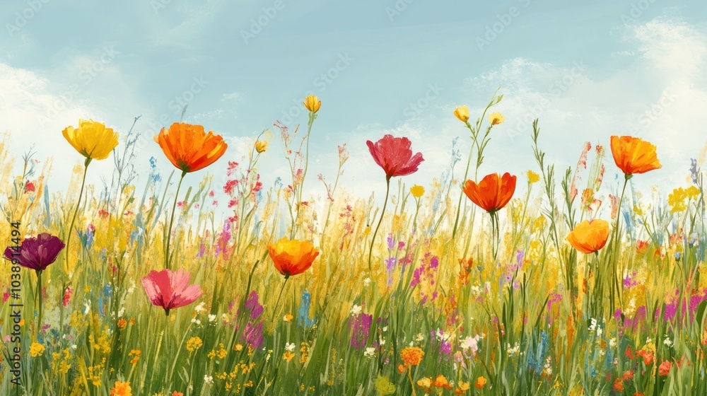 A vibrant field of colorful flowers under a blue sky, evoking beauty and serenity. A vibrant field of colorful flowers under a blue sky, evoking beauty and serenity.