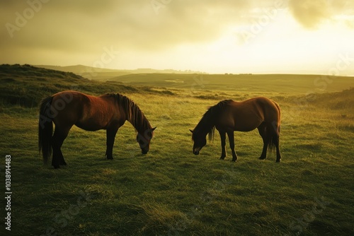 Two Dartmoor ponies feeding in Devon UK photo