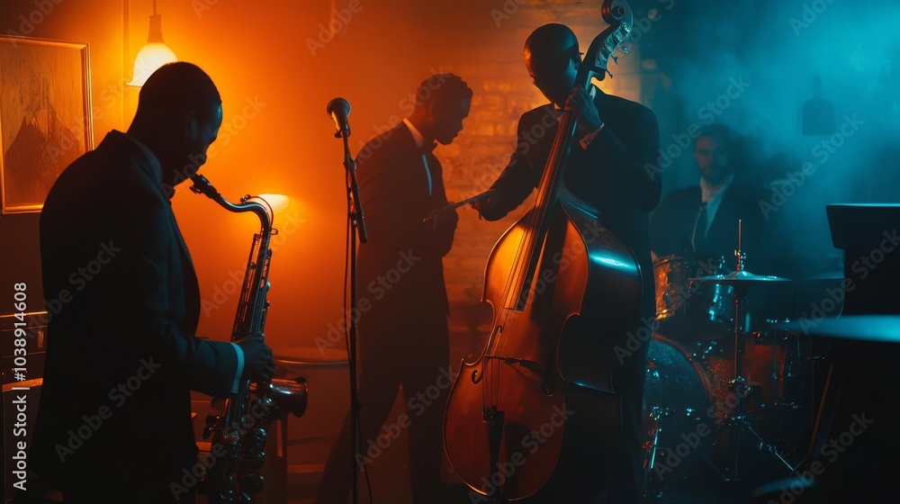 Fototapeta premium Intimate jazz performance featuring musicians in a dimly lit, smoky atmosphere with colorful lighting.