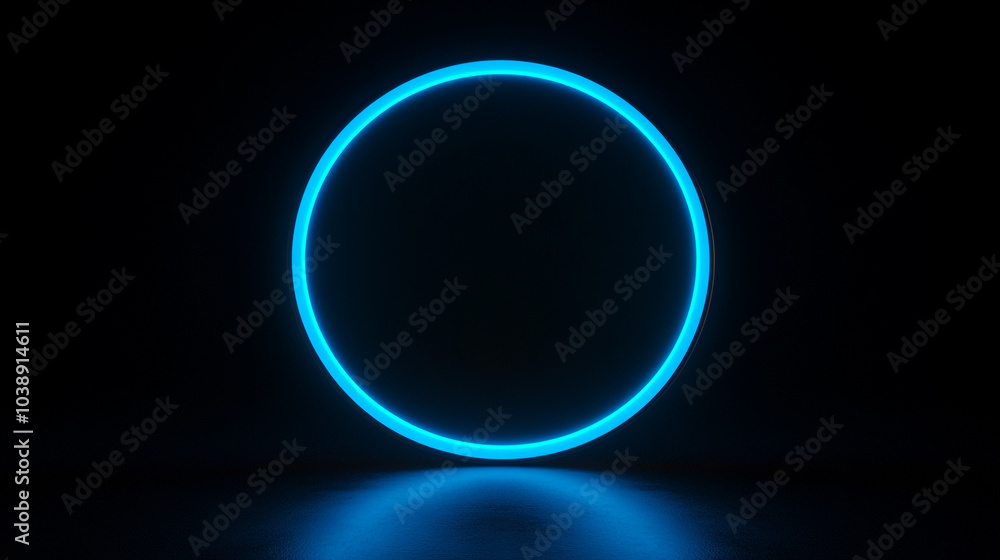 An illuminated blue neon circle against a dark backdrop creates a modern geometric design An illuminated blue neon circle against a dark backdrop creates a modern geometric design