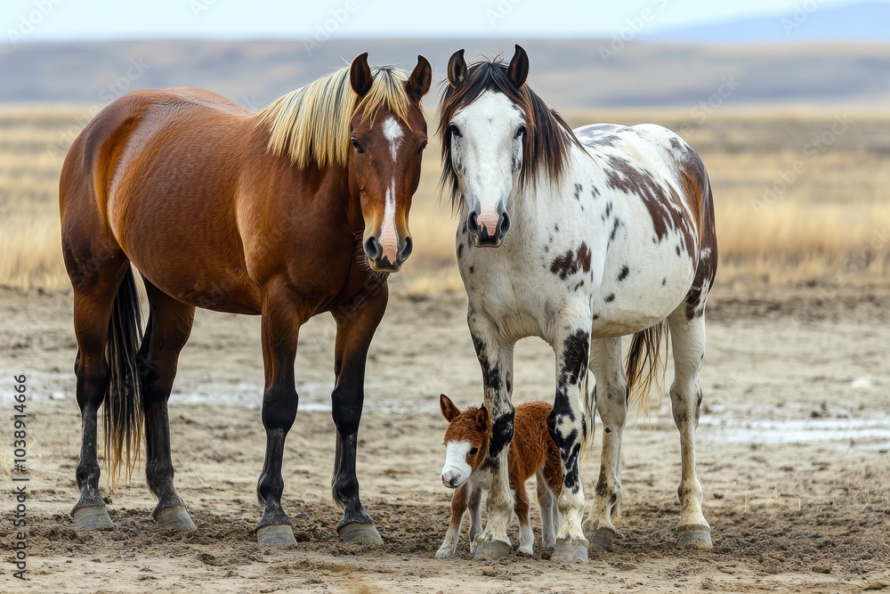 Two large horses and a small Appaloosa pony Two large horses and a small Appaloosa pony