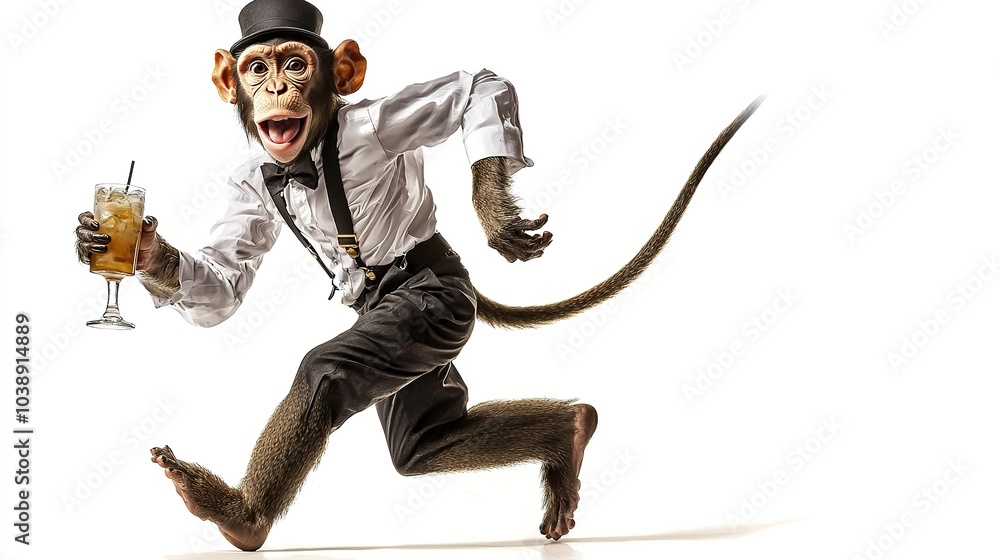A dressed monkey joyfully runs while holding a cocktail, combining humor and whimsy in a playful scene. A dressed monkey joyfully runs while holding a cocktail, combining humor and whimsy in a playful scene.