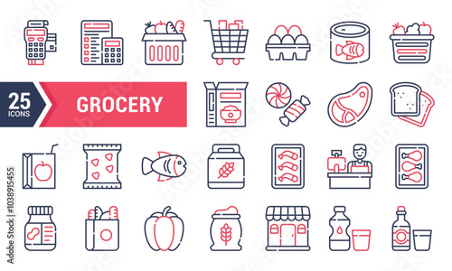 25 Grocery Icons in Red and Blue Line Style.