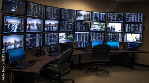 High-Tech Security Operations Center with Multi-Screen Computer Monitoring and Analysis for Cybersecurity