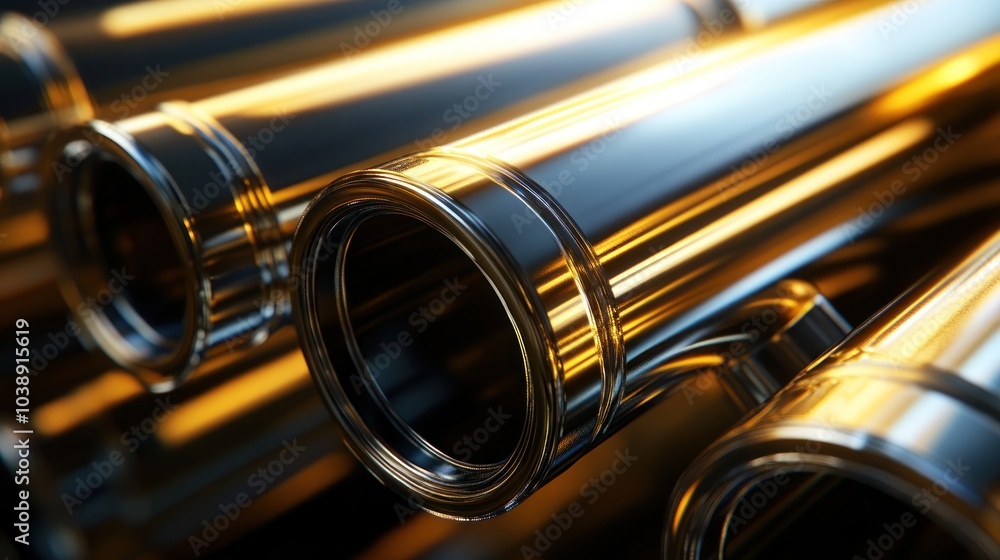 Naklejka premium A close-up of shiny metallic pipes reflecting light.