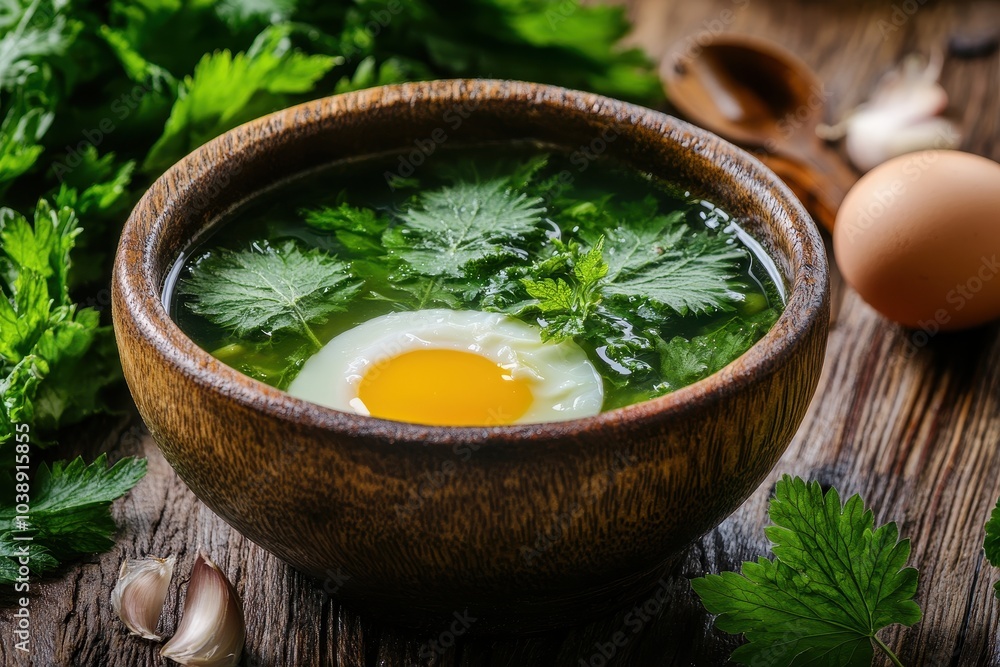 Vegetable soup with nettles and egg Nettle leaves on the table Plant based diet nutritious food Vegetable soup with nettles and egg Nettle leaves on the table Plant based diet nutritious food