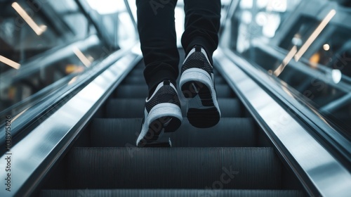 A person walking up an escalator, showcasing footwear and urban movement.
