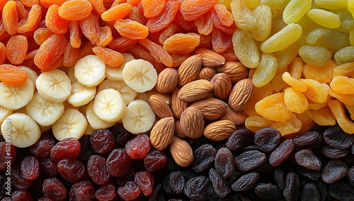 A variety of nuts and dried fruit are displayed in a colorful arrangement. Concept of abundance and variety, as well as the idea of healthy snacking. Background of delicious dried fruits and nuts. photo