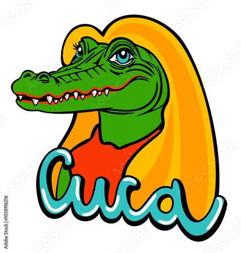 Cuca. Folklore of Brazil. Fantastic alligator, female with long yellow hair, frightening children, character of Brazilian legends and tales. Vector isolated illustration with lettering