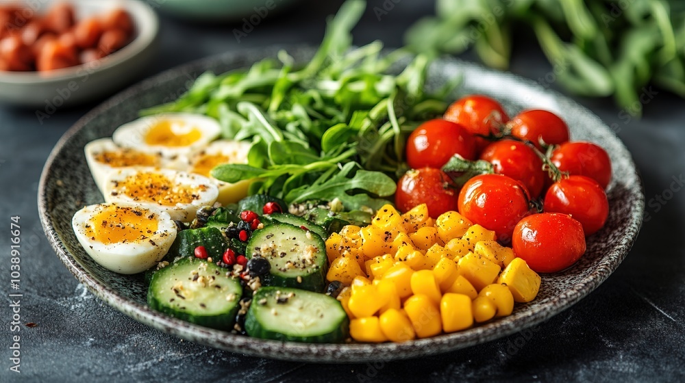 Segmented plate with various healthy food items including green vegetable Segmented plate with various healthy food items including green vegetable
