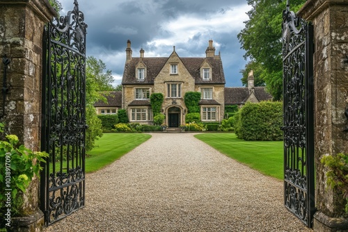Victorian era English mansion with iron gates and gravel driveway