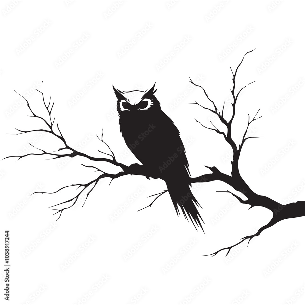 Fototapeta premium Black ink tattoo design of an owl sitting on a tree branch, simple and clean, on a white background.