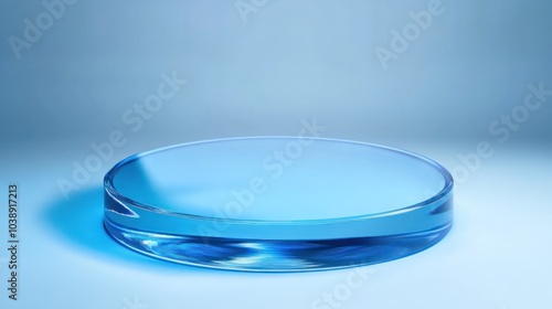 A clear blue glass plate on a softly lit background, ideal for display or serving.