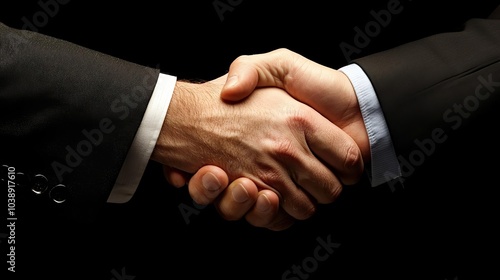 Two hands shaking, symbolizing partnership and agreement, against a dark background.