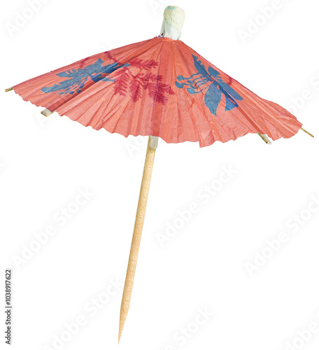 Red cocktail umbrella isolated on white background. Mini decorative paper umbrella, perfect for drink decoration or party themes. Red Cocktail Umbrella Isolated on White Background. photo