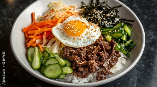 Wallpaper Mural A tempting plate of beef bulgogi bibimbap with marinated beef, assorted vegetables, and a fried egg Torontodigital.ca