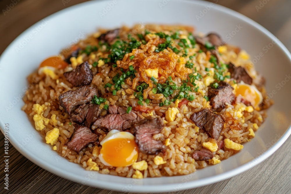 Wagyu beef topped fried rice with crispy garlic and pickled yolks on a white plate on wood Wagyu beef topped fried rice with crispy garlic and pickled yolks on a white plate on wood