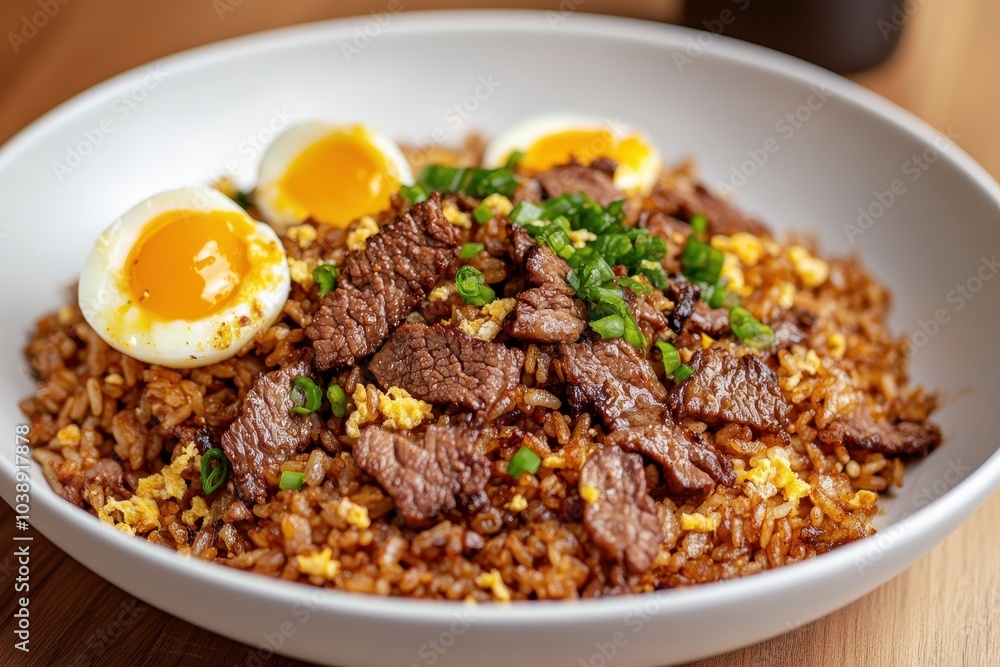 Wagyu beef topped fried rice with crispy garlic and pickled yolks on a white plate atop a wooden table Wagyu beef topped fried rice with crispy garlic and pickled yolks on a white plate atop a wooden table