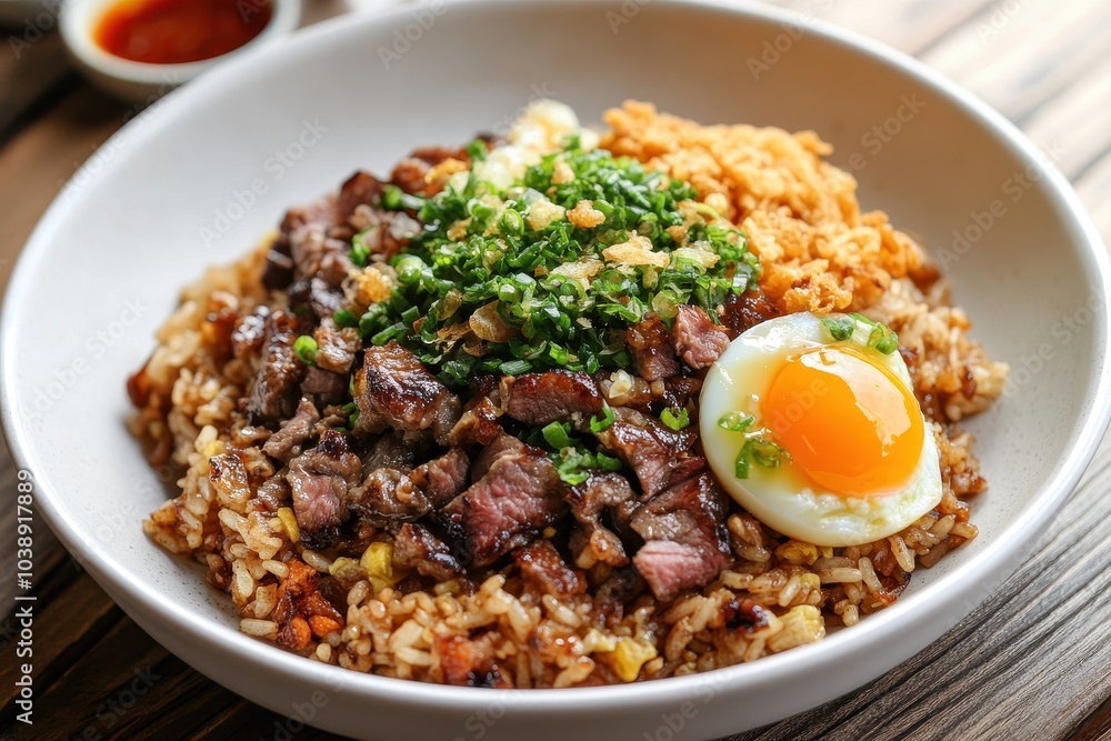 Wagyu beef topped fried rice with crispy garlic and pickled yolks on a white plate wooden table Wagyu beef topped fried rice with crispy garlic and pickled yolks on a white plate wooden table