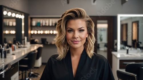 A hairstylist in a trendy outfit, focusing on styling hair in a modern salon setting Free Download A hairstylist in a trendy outfit, focusing on styling hair in a modern salon setting - GFXLoad
