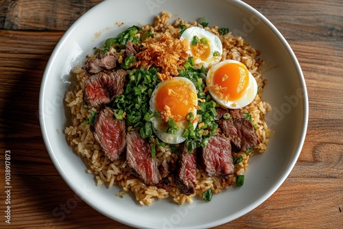 Wagyu beef topped fried rice with crispy garlic and pickled egg yolks on a white plate set on a wooden table photo