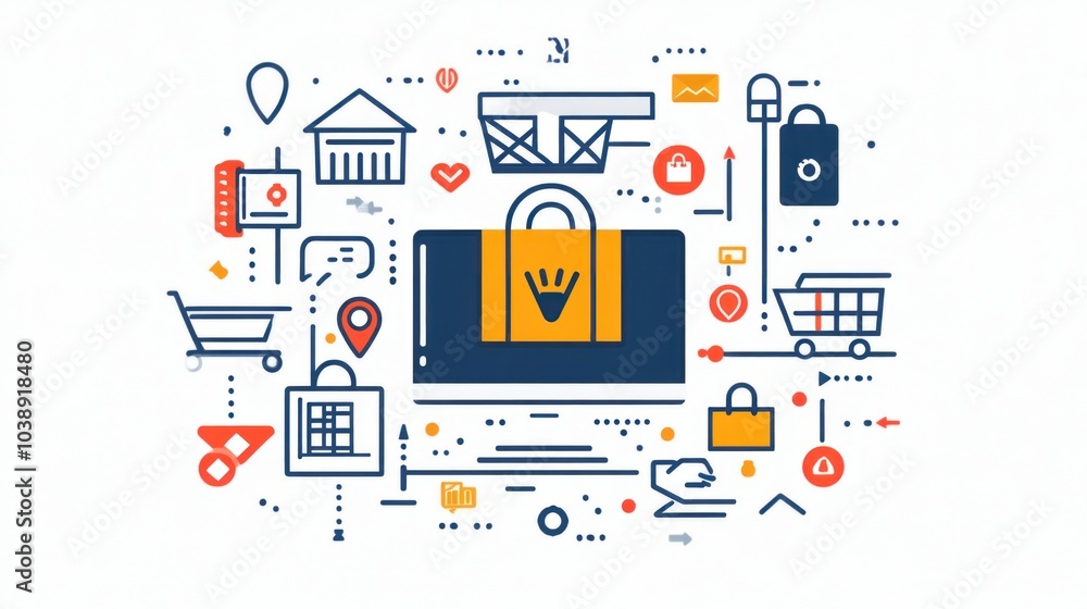 A digital illustration depicting e-commerce elements like shopping carts, locks, and buildings. A digital illustration depicting e-commerce elements like shopping carts, locks, and buildings.