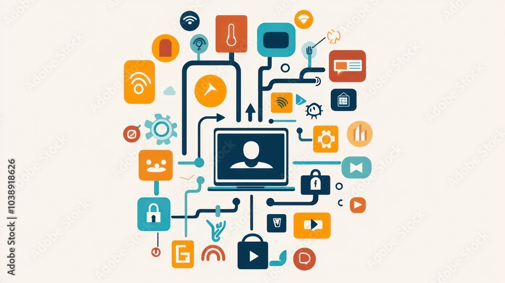 Visual representation of digital connectivity and user interaction through icons and symbols. Visual representation of digital connectivity and user interaction through icons and symbols.