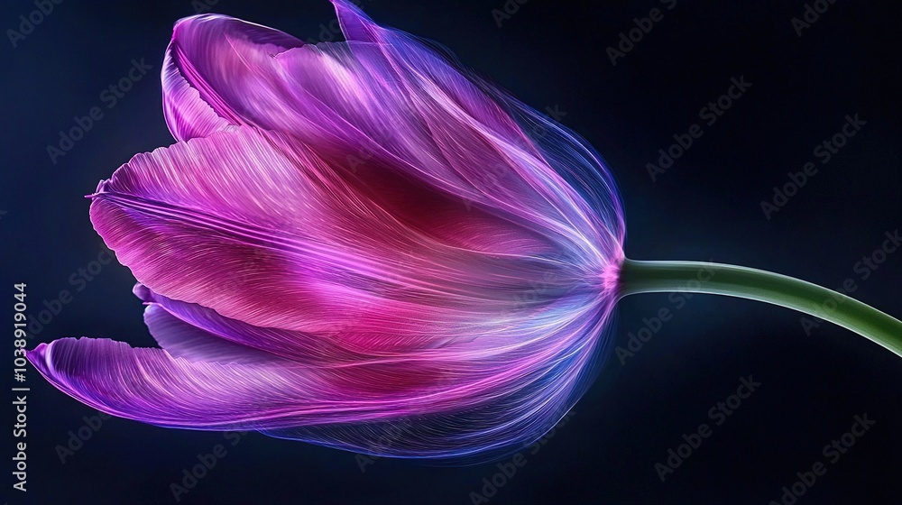 Obraz premium A close-up of a purple flower on a black background with a green stem centered