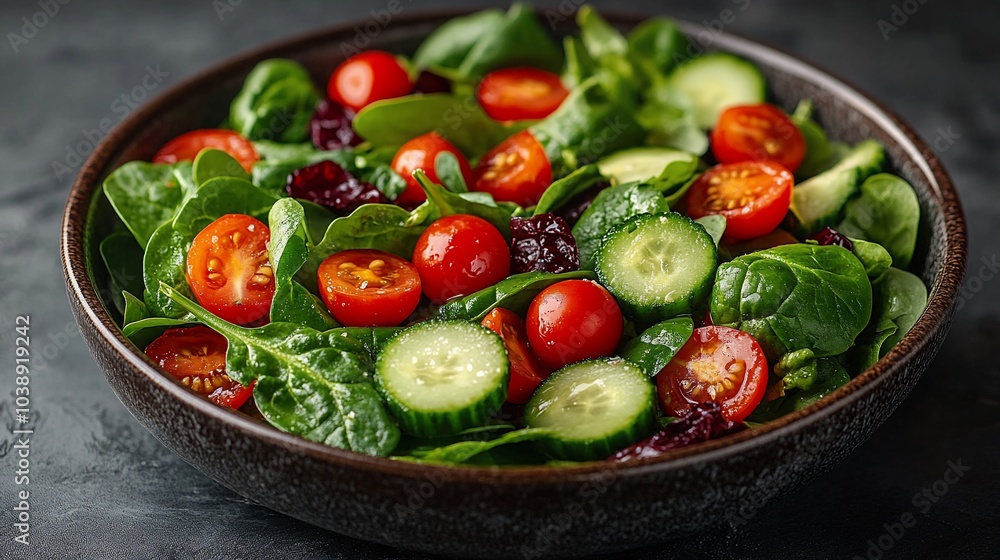 A fresh and vibrant salad with spinach, cherry tomatoes, cucumber, and dried cranberries in a brown bowl. A fresh and vibrant salad with spinach, cherry tomatoes, cucumber, and dried cranberries in a brown bowl.