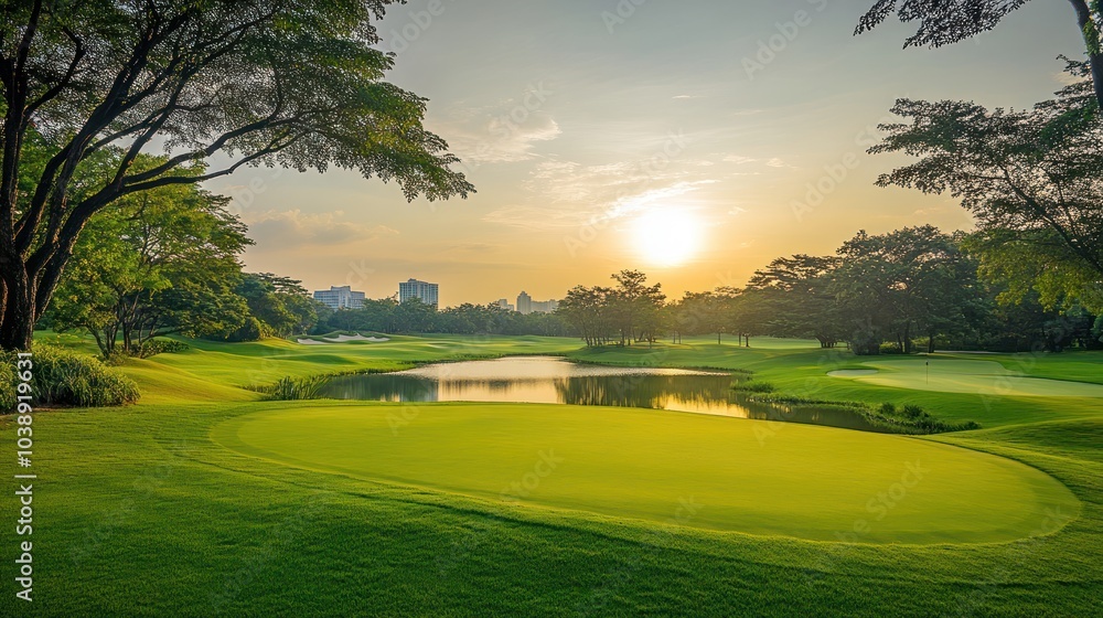 Serene golf course at sunset with lush greenery and a tranquil pond. Serene golf course at sunset with lush greenery and a tranquil pond.