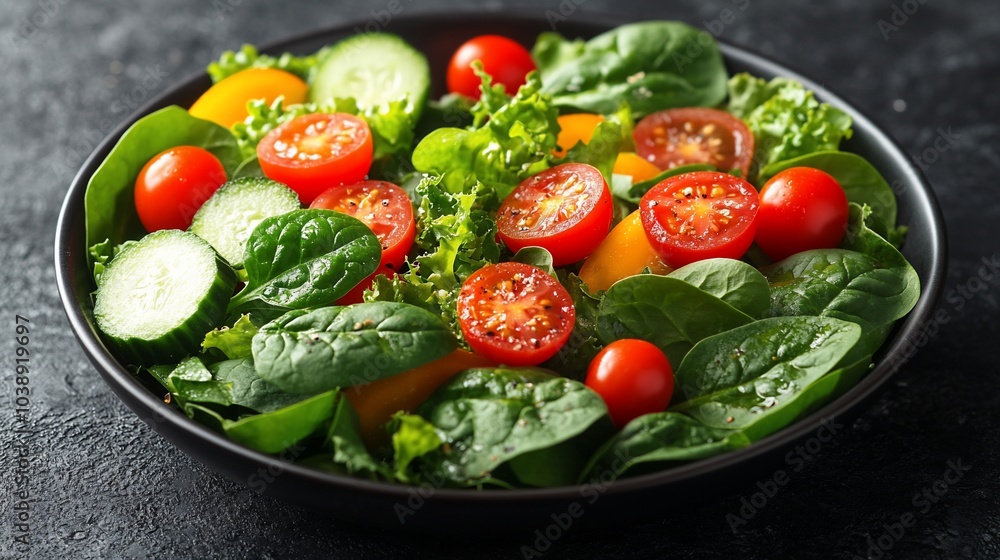 Fresh salad with spinach, cherry tomatoes, cucumbers, and lettuce in a black bowl on a dark background. Fresh salad with spinach, cherry tomatoes, cucumbers, and lettuce in a black bowl on a dark background.