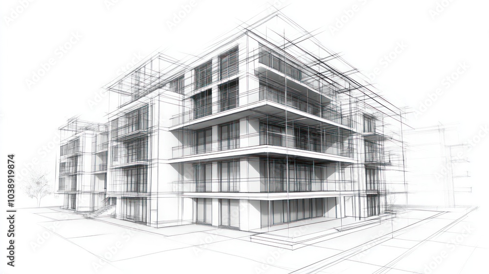 Architectural sketch of a modern building design with detailed lines and structure. Architectural sketch of a modern building design with detailed lines and structure.