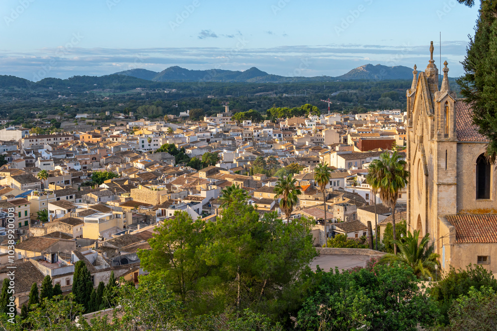 Obraz premium Aerial view of the Mallorcan town of Arta, on the island of Mallorca at sunrise. Spain