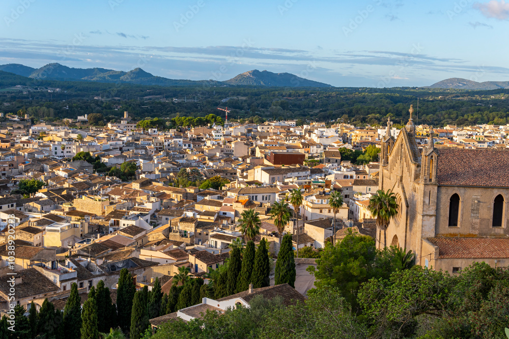 Obraz premium Aerial view of the Mallorcan town of Arta, on the island of Mallorca at sunrise. Spain