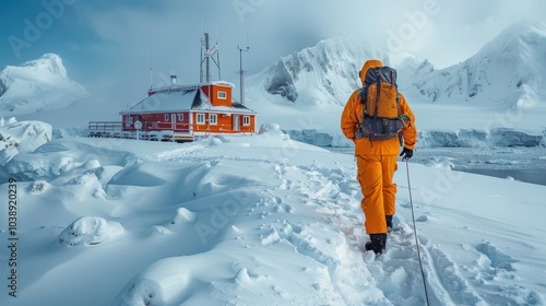 Arctic research. A research scientist in warm winter clothes at a research station photo