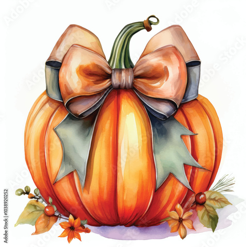 Watercolor halloween pumpkin with leaves and coquette bow, Autumn pumpkin on white background. Thanksgiving Still Life. Halloween pumpkin decoration border. Holiday festival concept,	