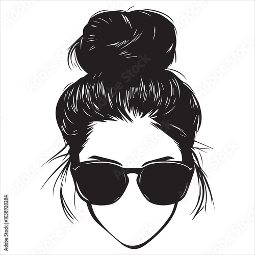 Black and white silhouette of a messy bun hairstyle with sunglasses, a simple vector design on a solid background.
