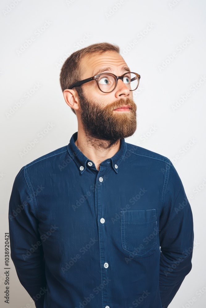 Man looking up, wearing glasses and casual outfit Man looking up, wearing glasses and casual outfit
