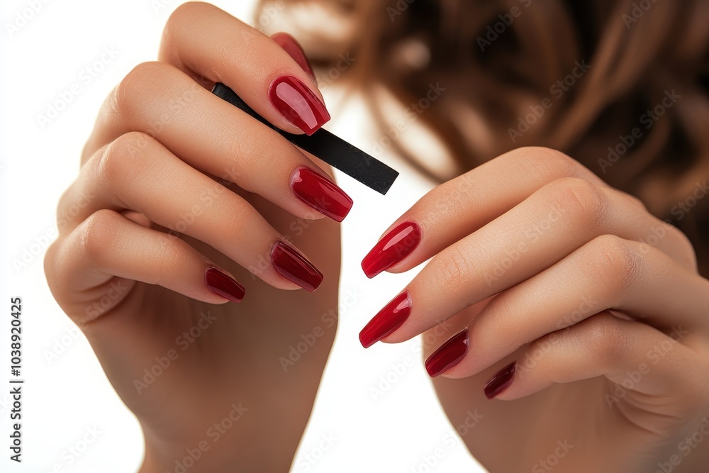 Woman shaping nails with a file on white background Woman shaping nails with a file on white background