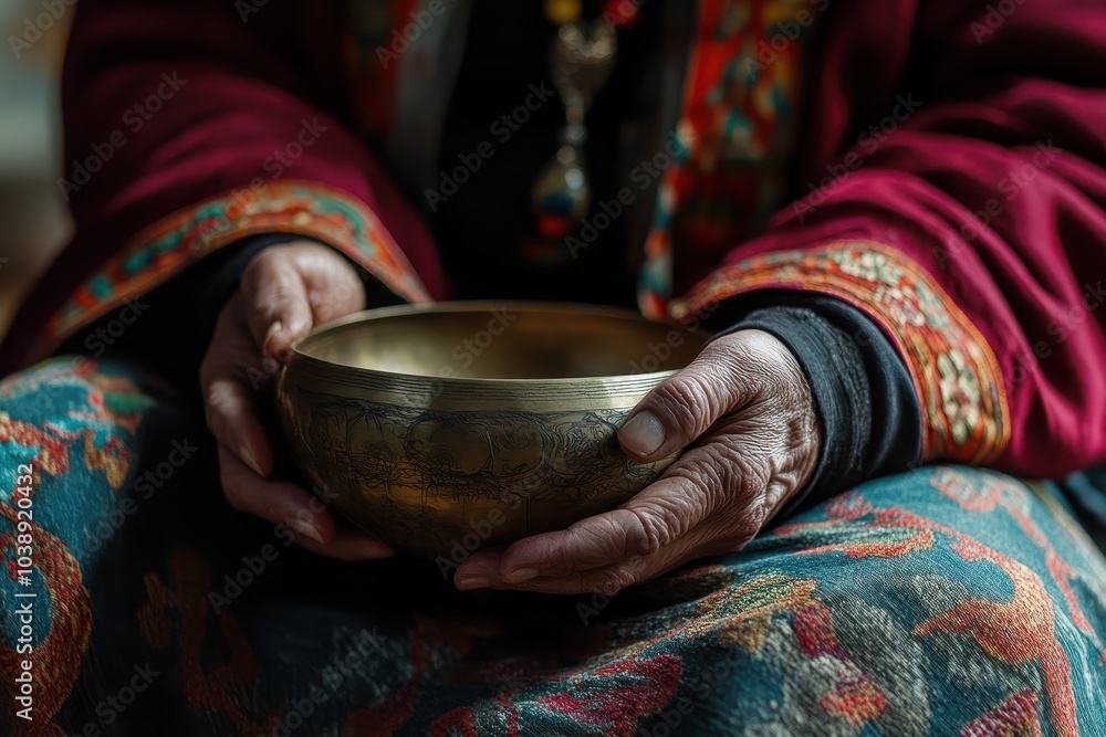 Woman using a Tibetan singing bowl shallow depth of field color adjusted photo Woman using a Tibetan singing bowl shallow depth of field color adjusted photo