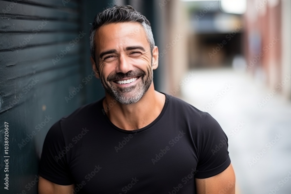 Portrait of a handsome middle-aged man smiling in the street Portrait of a handsome middle-aged man smiling in the street