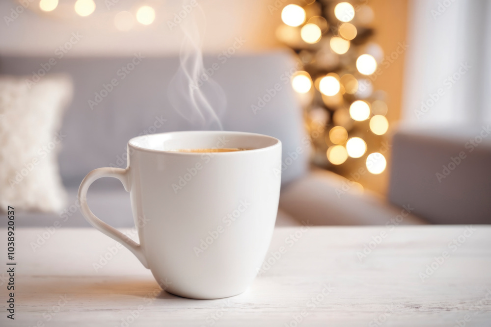 Cozy scene with steaming white cup of coffee on light wooden table, with blurred festive background of warm golden bokeh lights. For themes of relaxation, holidays, warmth, and cozy home atmospheres Cozy scene with steaming white cup of coffee on light wooden table, with blurred festive background of warm golden bokeh lights. For themes of relaxation, holidays, warmth, and cozy home atmospheres