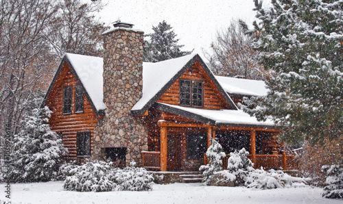 Cozy log cabin style suburban home with a stone chimney and snow gently falling. photo