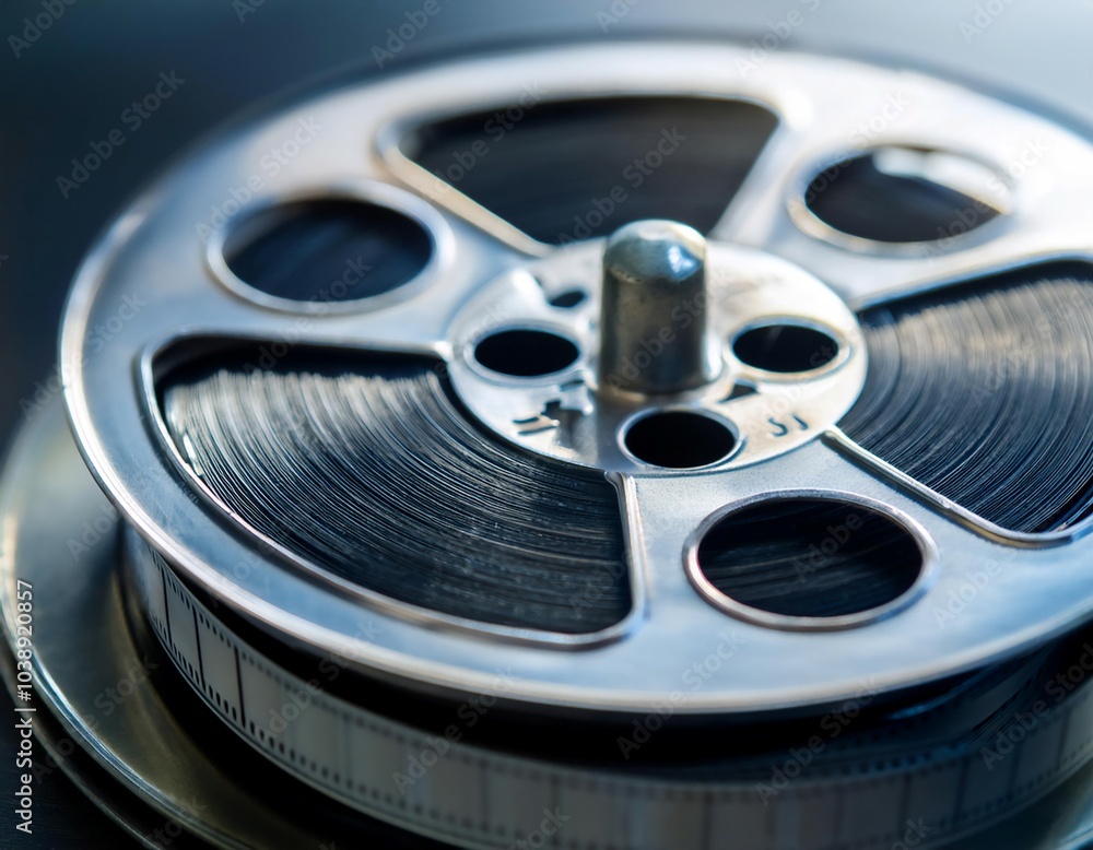 Film reel with strips of film, representing cinema, filmmaking, and visual storytelling. Film reel with strips of film, representing cinema, filmmaking, and visual storytelling.