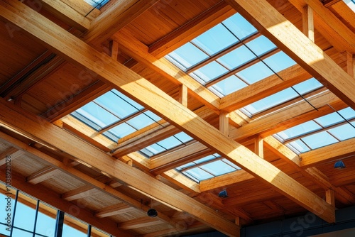 Wooden beamed industrial roofing system with shingles