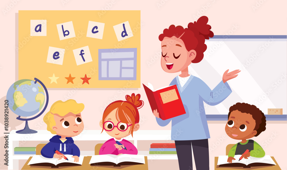 Classroom with pupils and teacher. Teacher with pupils in a classroom. Teacher explaining lesson, introducing the subject to kids. Primary school kids. Children listen to teacher. Primary school kids. Classroom with pupils and teacher. Teacher with pupils in a classroom. Teacher explaining lesson, introducing the subject to kids. Primary school kids. Children listen to teacher. Primary school kids.