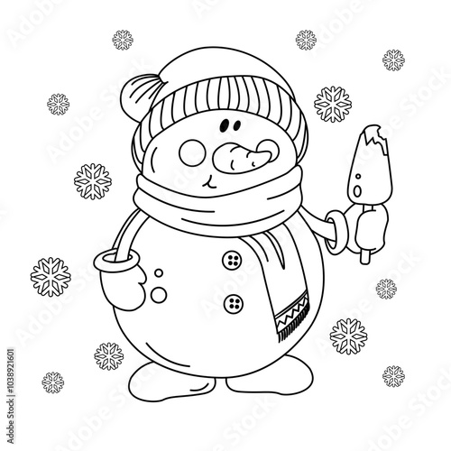 Outline snowman with ice cream. Winter coloring book page